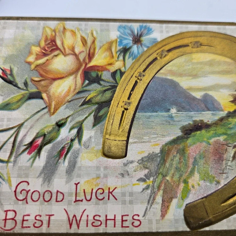 Good Luck Best Wishes Vintage Postcard Horseshoe Rose‎ 1909 R Conwell